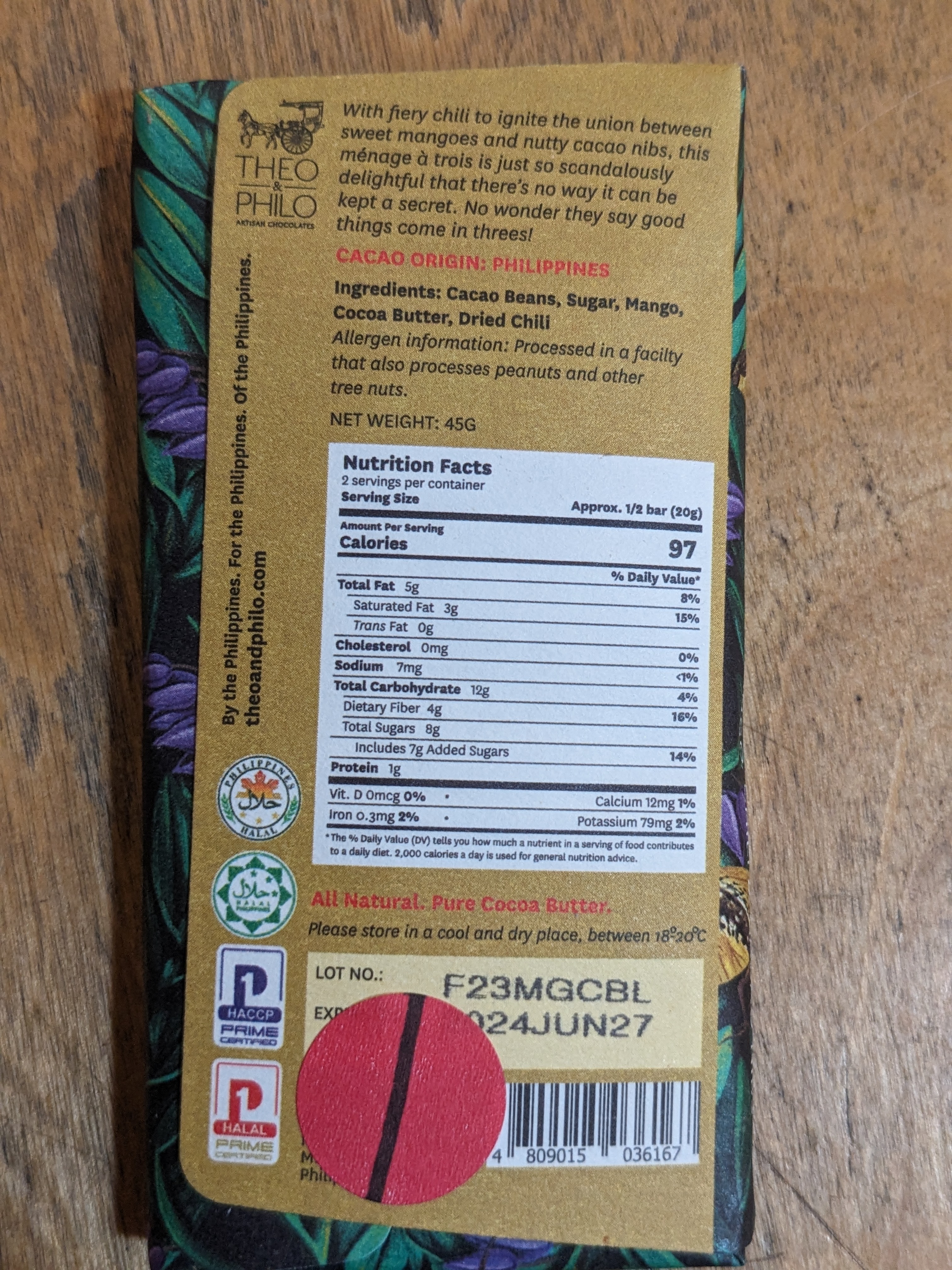 65% Dark Chocolate with Mango, Chili, and Cacao Nibs