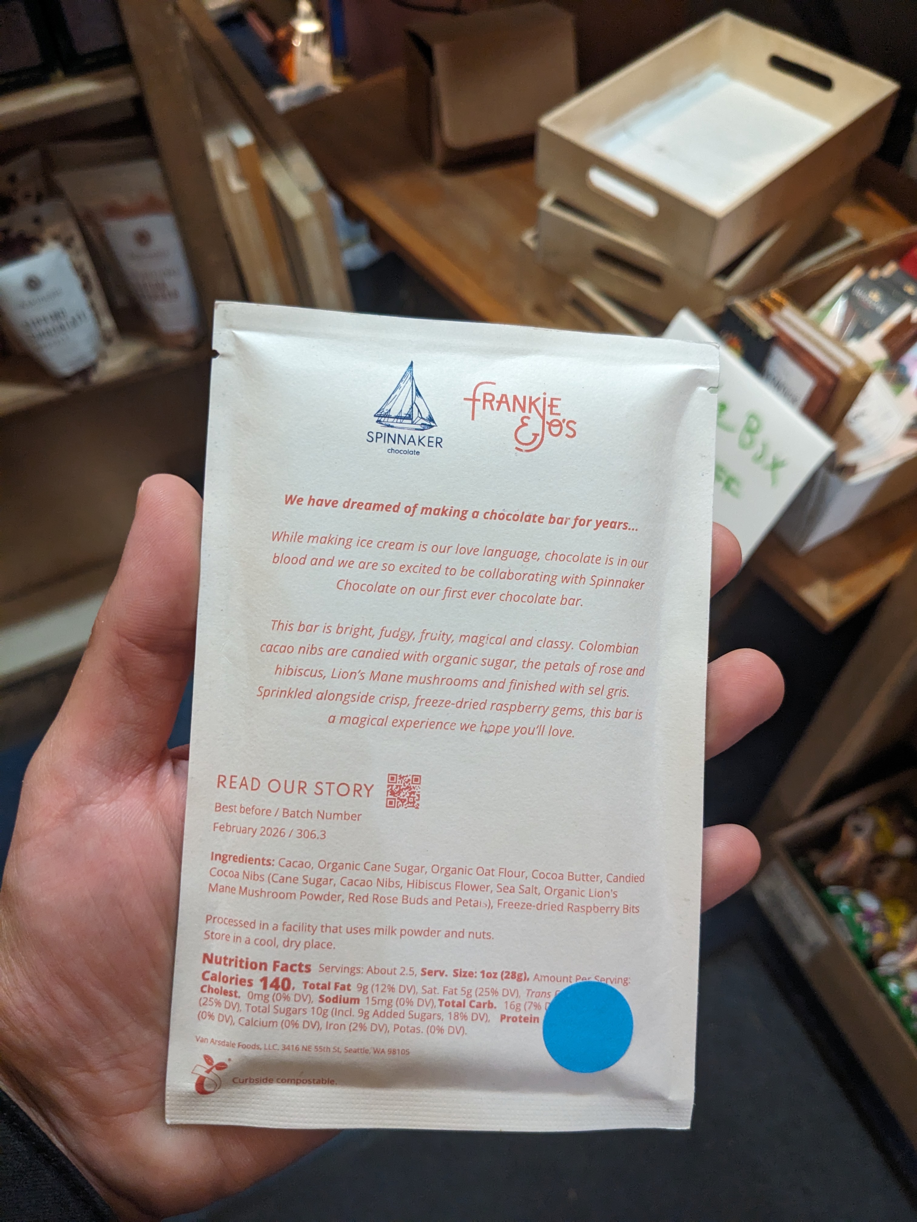 Frankie & Jo’s 58% Colombia Oat Milk with Candied Nibs and Raspberries