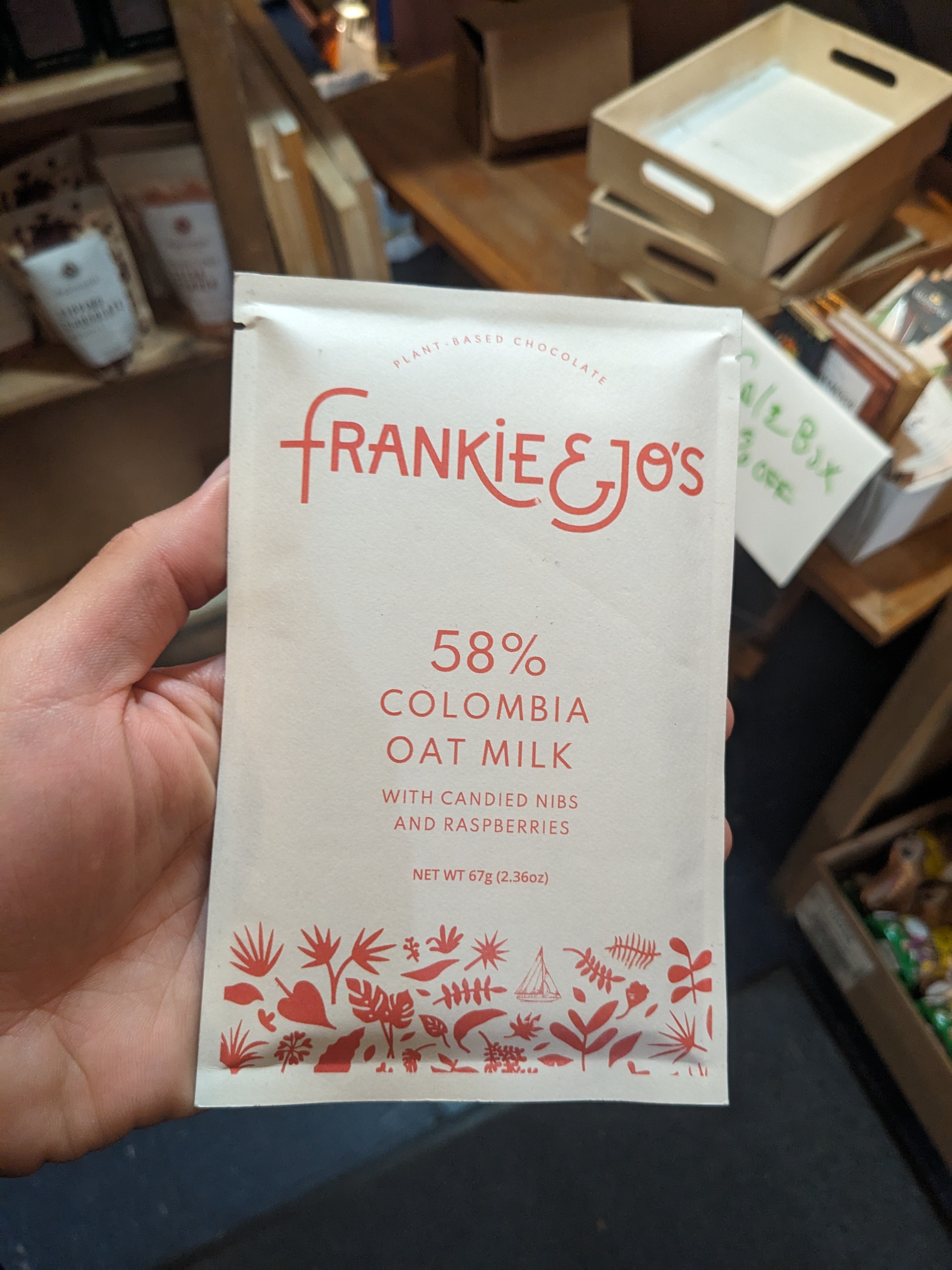 Frankie & Jo’s 58% Colombia Oat Milk with Candied Nibs and Raspberries
